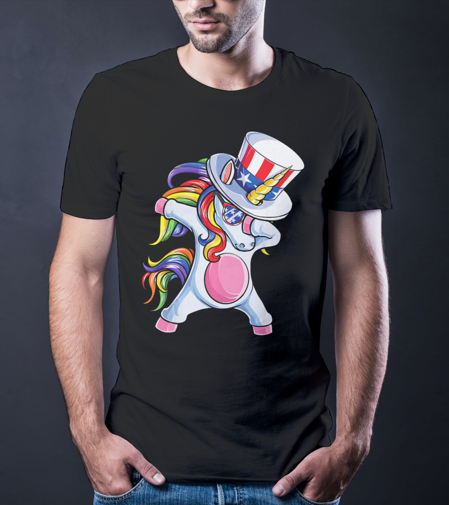 Dabbing Unicorn With Patriotic Uncle Sam Hat And Rainbow Mane T-Shirt