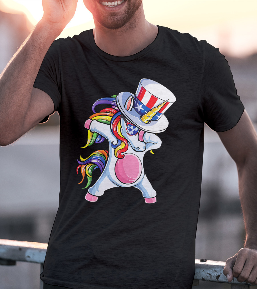 Dabbing Unicorn With Patriotic Uncle Sam Hat And Rainbow Mane T-Shirt