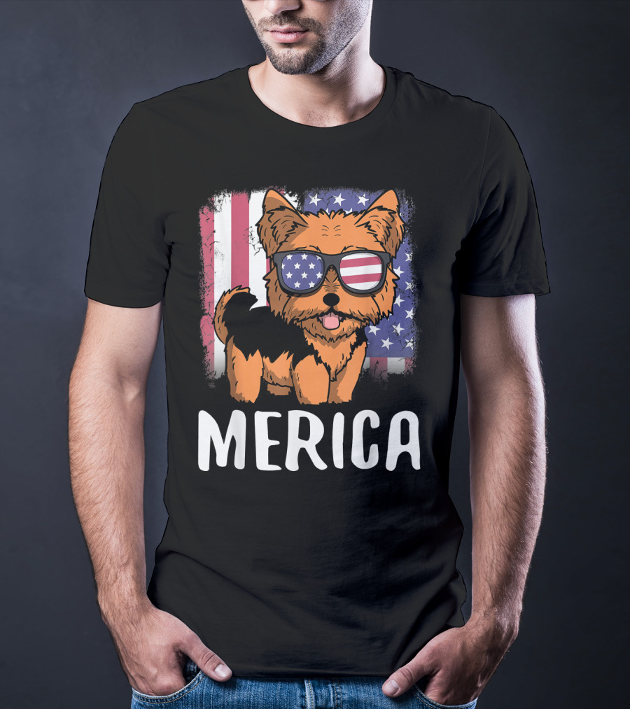 Merica Yorkie Dog American Flag Sunglasses USA T-Shirt
