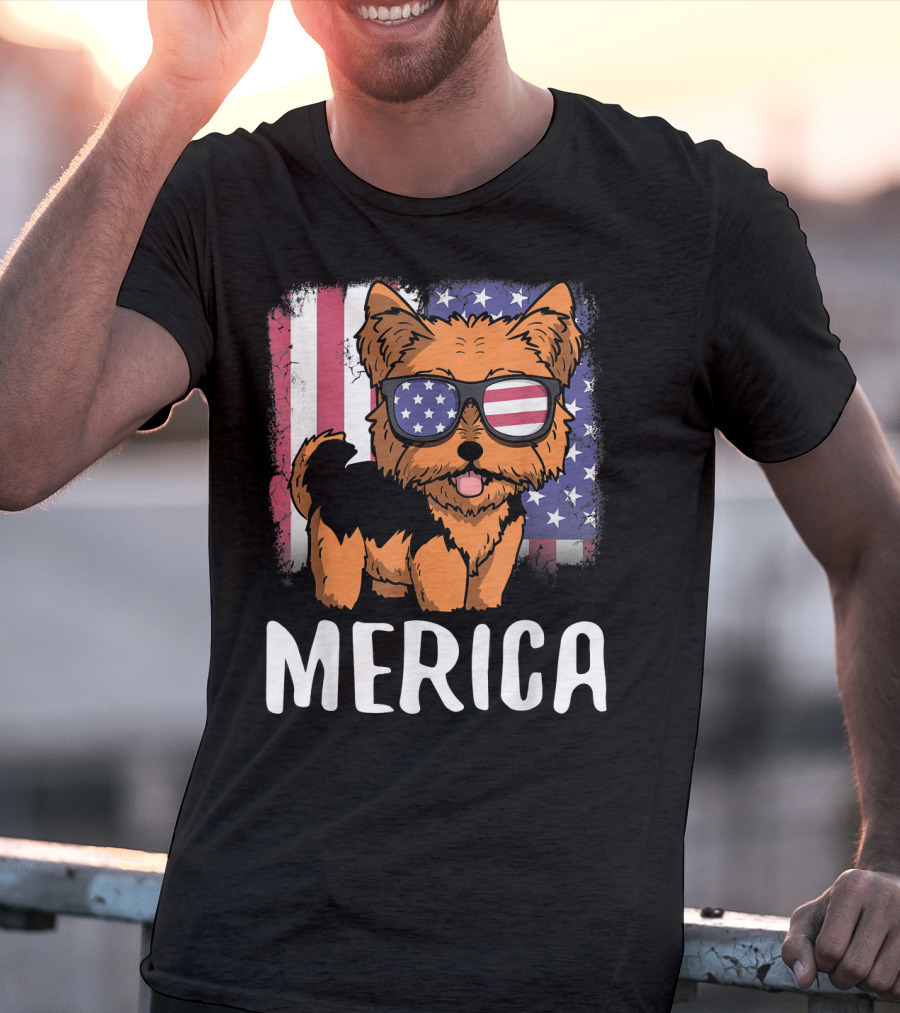 Merica Yorkie Dog American Flag Sunglasses USA T-Shirt