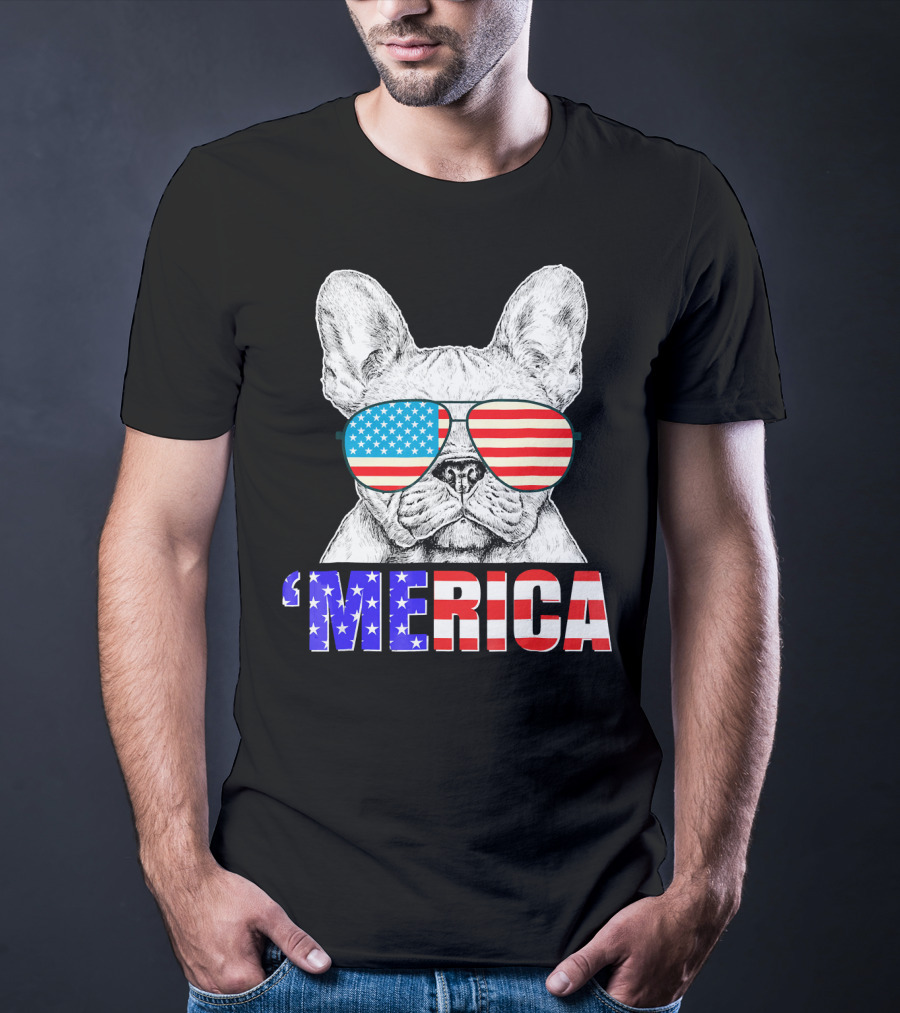 Funny French Bull Dog 'Merica With American Flag Sunglasses T-Shirt