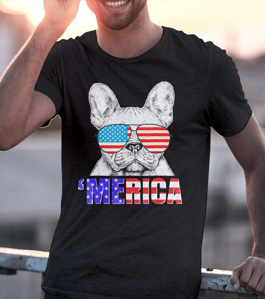 Funny French Bull Dog 'Merica With American Flag Sunglasses T-Shirt