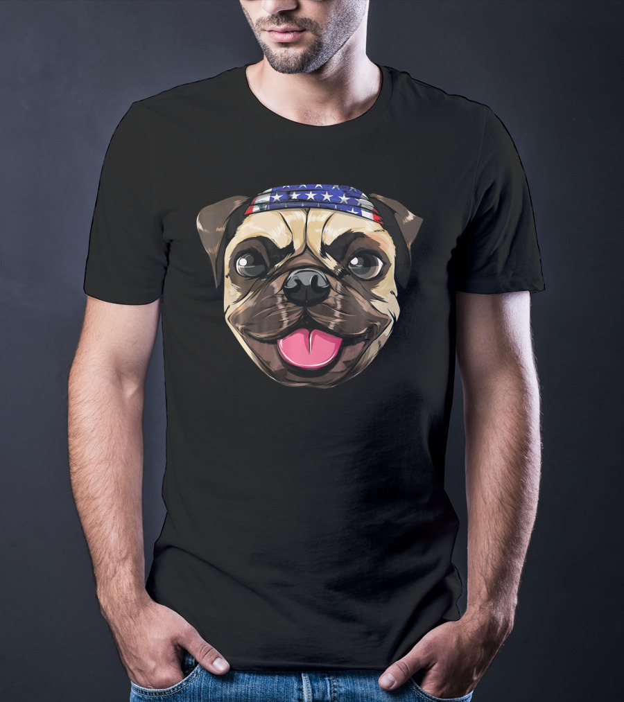 Pug Dog American Flag Bandana T-Shirt