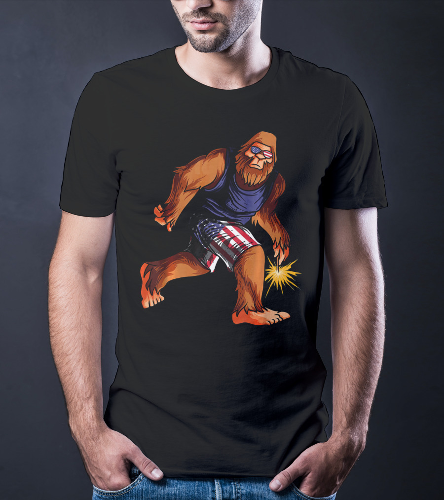 Bigfoot In American Flag Shorts With Fourth Of July Sparkler T-Shirt