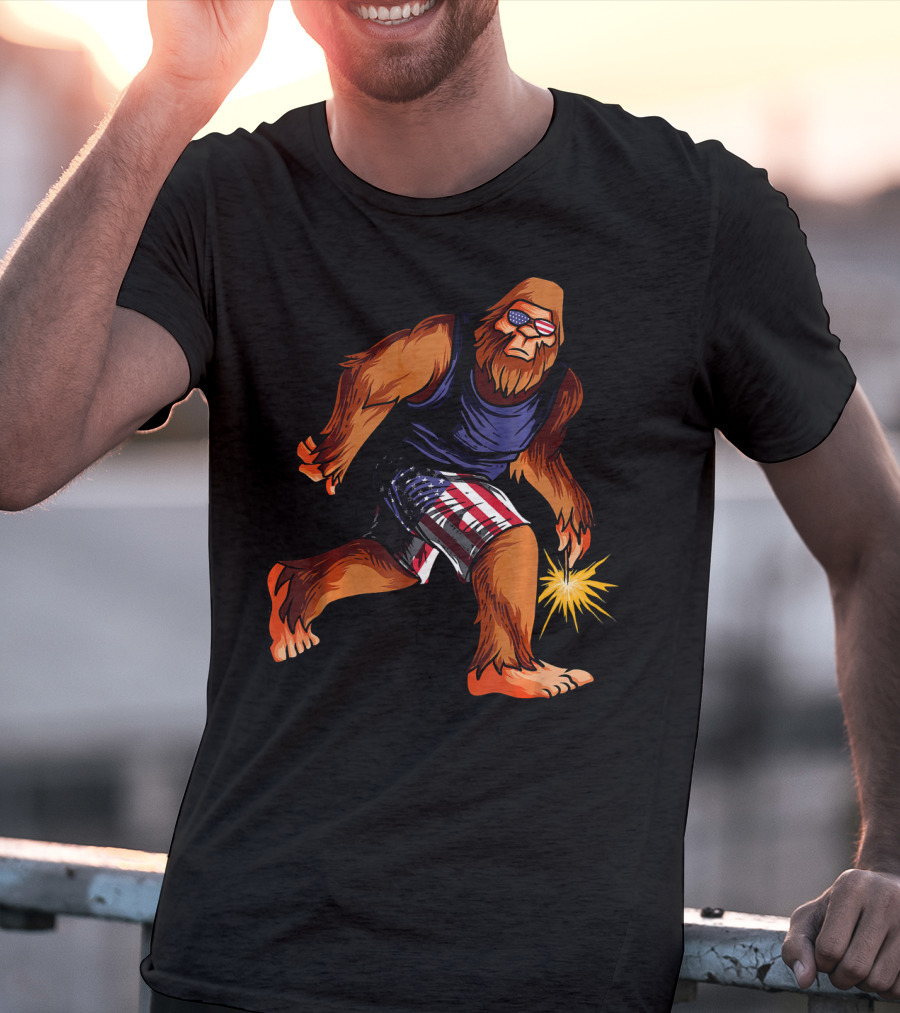 Bigfoot In American Flag Shorts With Fourth Of July Sparkler T-Shirt