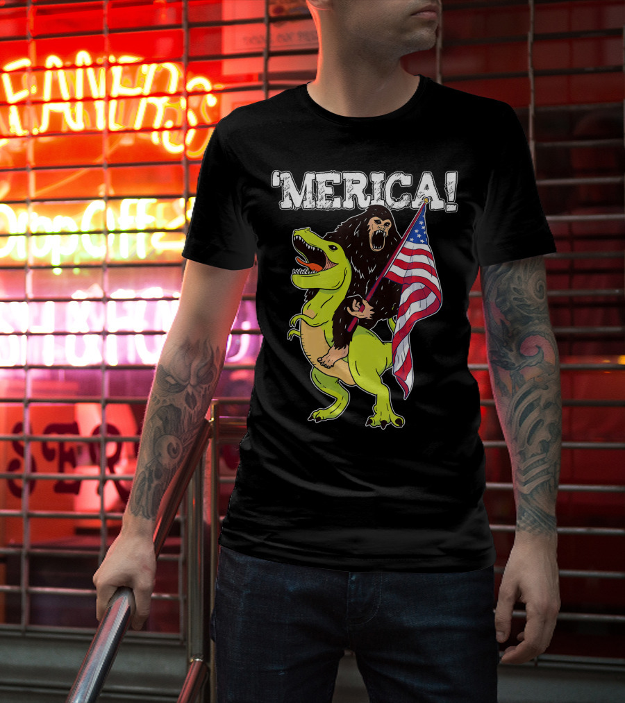 'Merica Bigfoot Dinosaur Fourth Of July Patriot T-Shirt