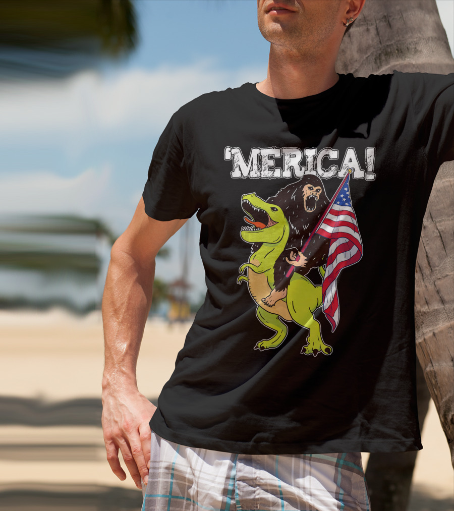'Merica Bigfoot Dinosaur Fourth Of July Patriot T-Shirt