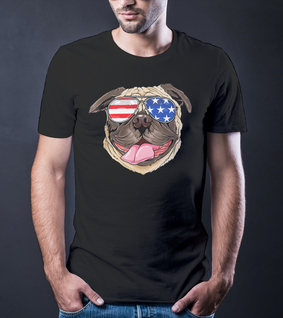 Patriotic Pug With American Flag Sunglasses T-Shirt