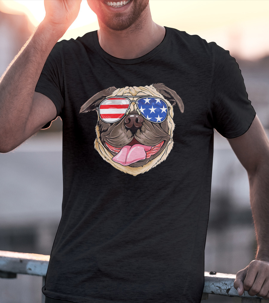 Patriotic Pug With American Flag Sunglasses T-Shirt
