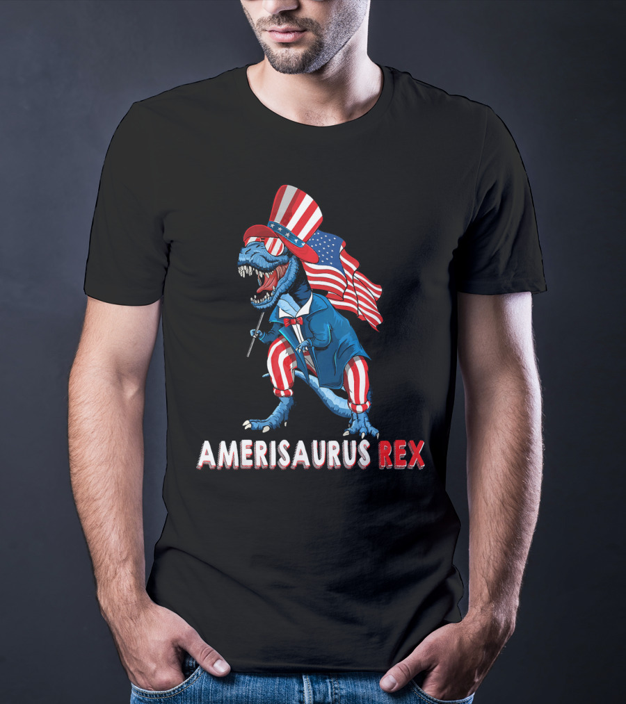 Amerisaurus Rex Dinosaur Uncle Sam USA Flag Independence Day T-Shirt