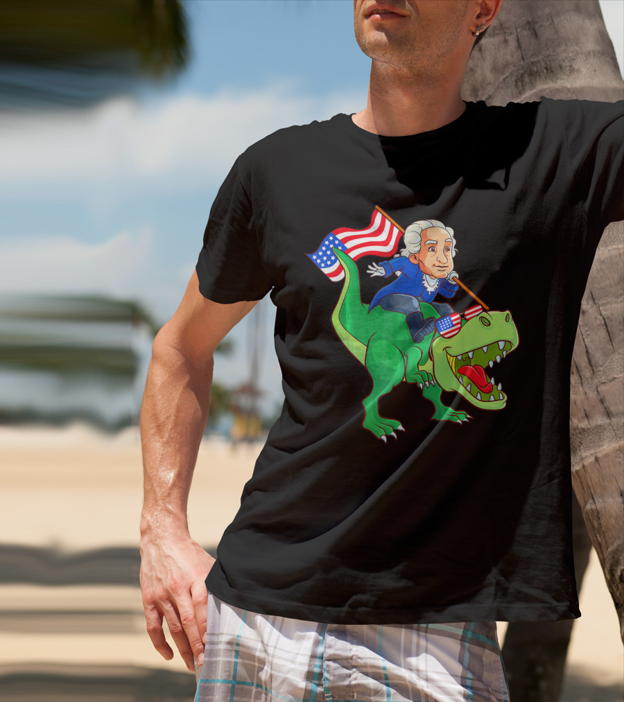 George Washington Riding Rex Dinosaur With American Flag And Sunglasses T-Shirt