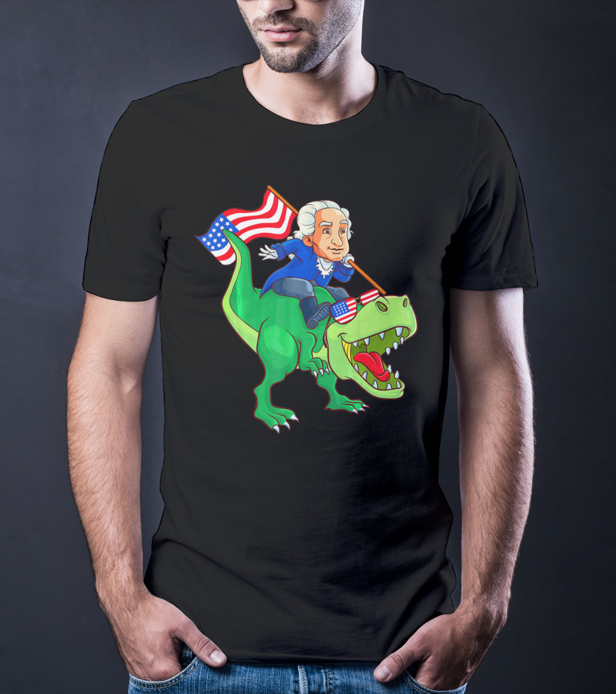 George Washington Riding Rex Dinosaur With American Flag And Sunglasses T-Shirt