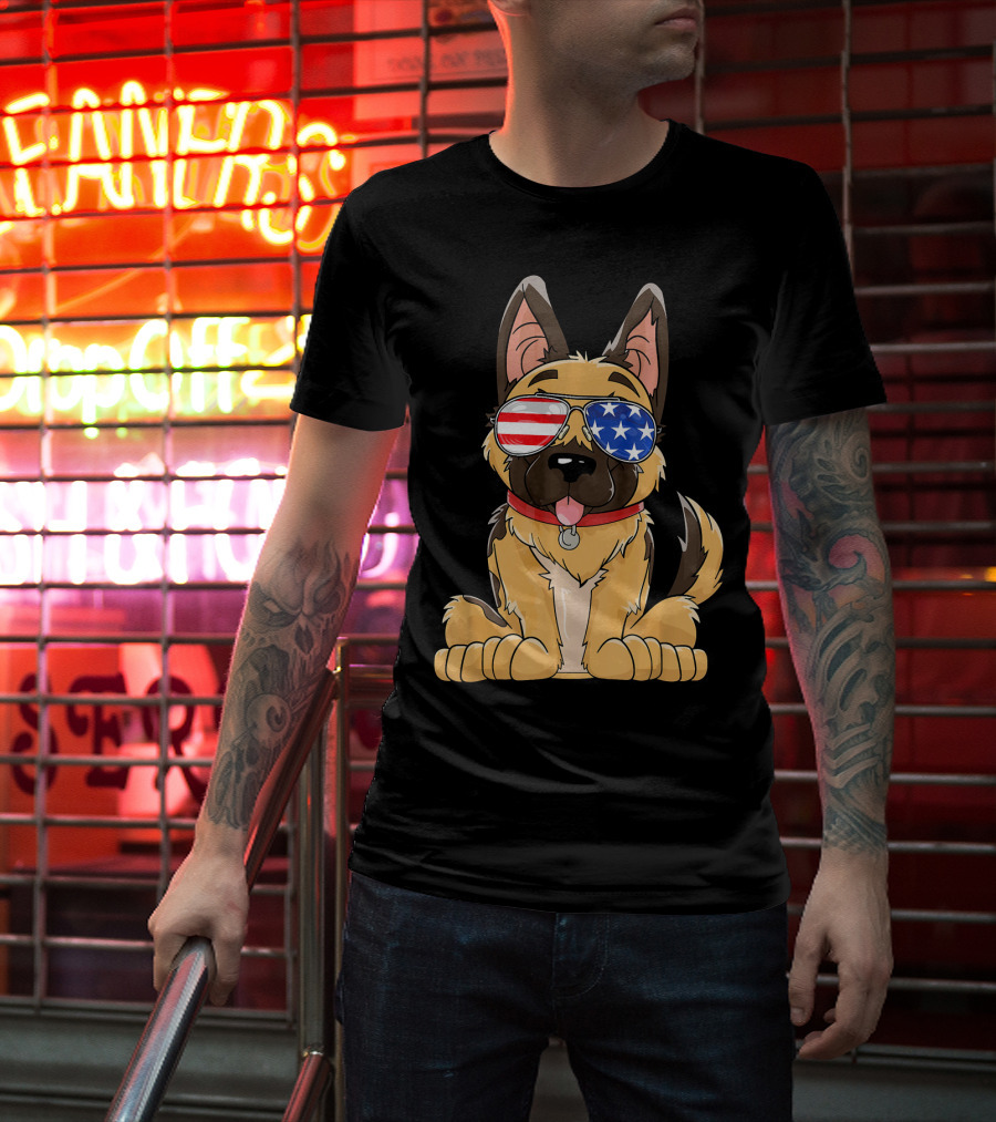 German Shepherd USA Flag Sunglasses T-Shirt