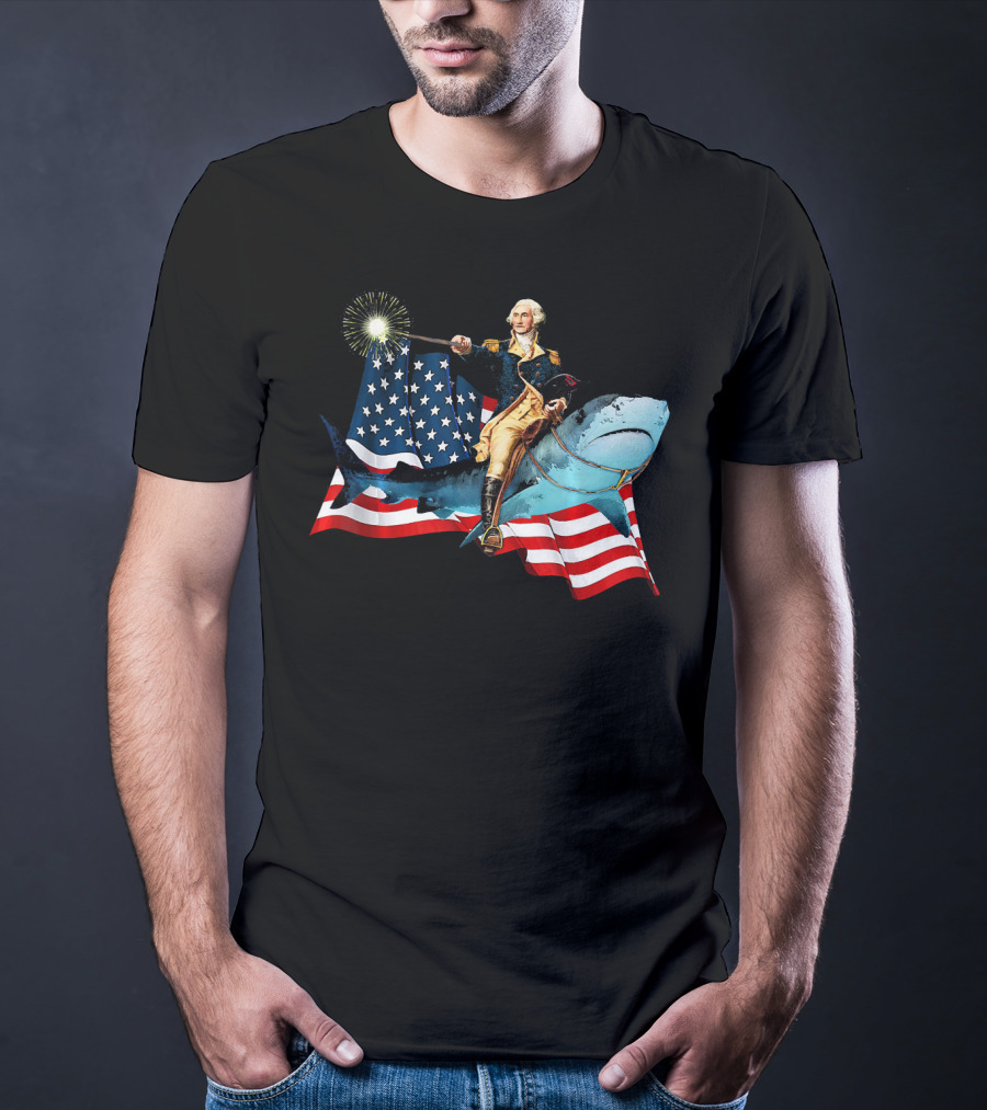 George Washington Patriotically Riding Shark With American Flag T-Shirt