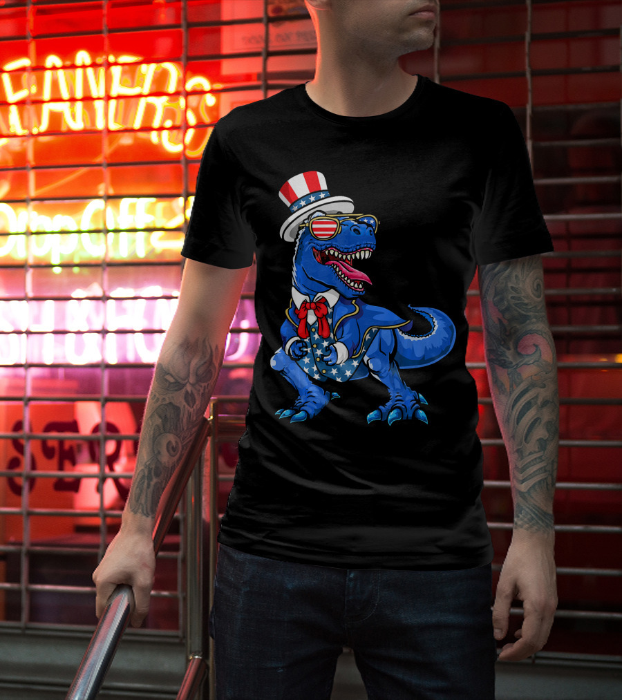 Patriotic Dinosaur With American Flag Hat And Glasses T-Shirt