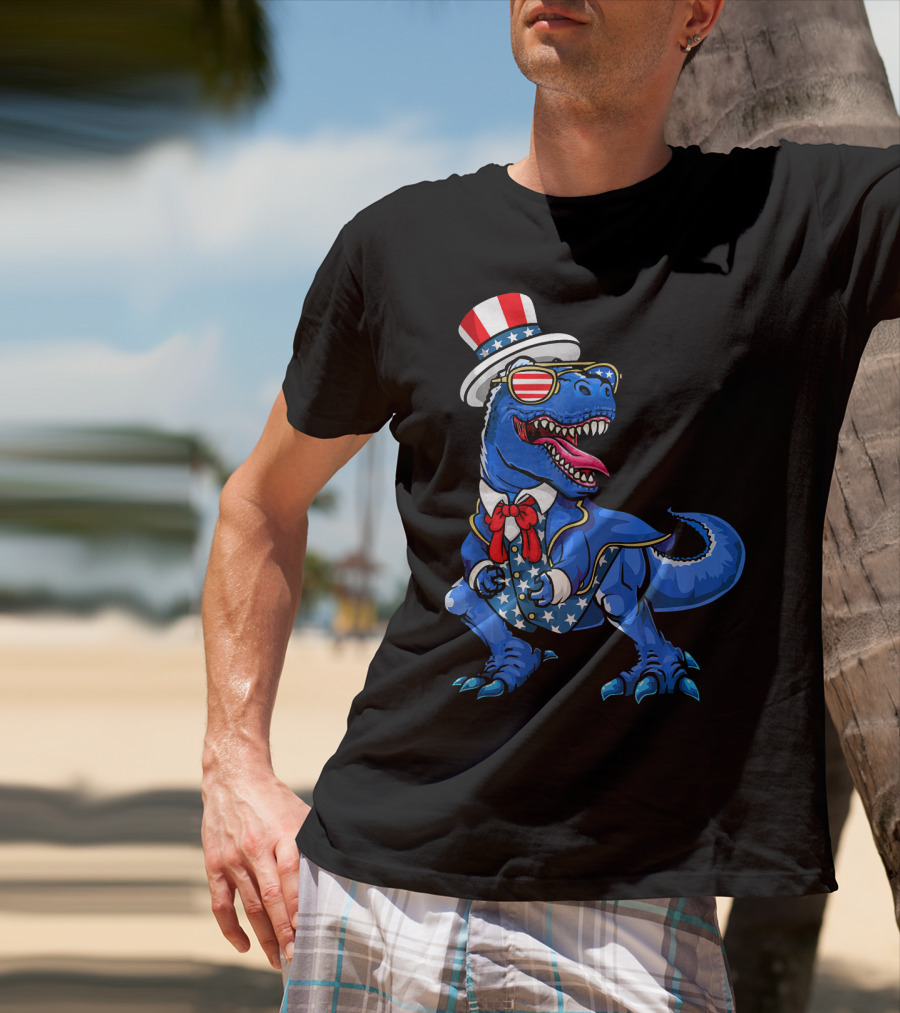 Patriotic Dinosaur With American Flag Hat And Glasses T-Shirt