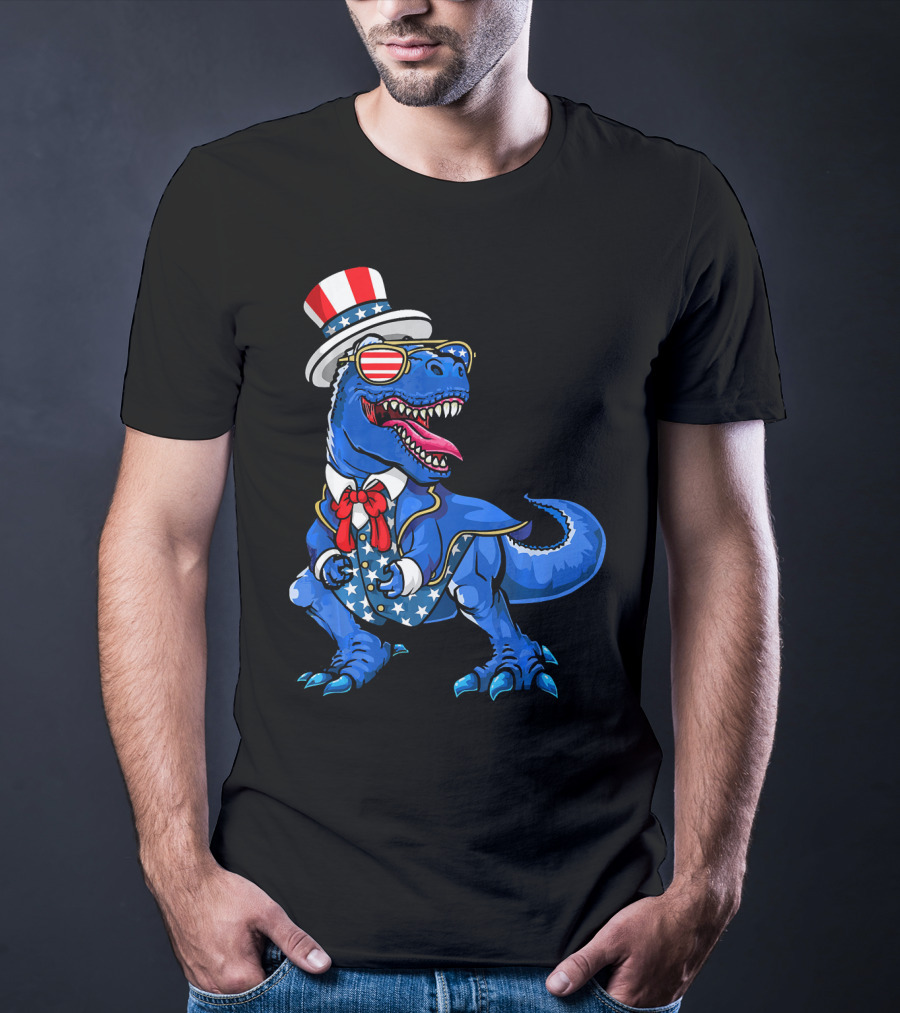Patriotic Dinosaur With American Flag Hat And Glasses T-Shirt