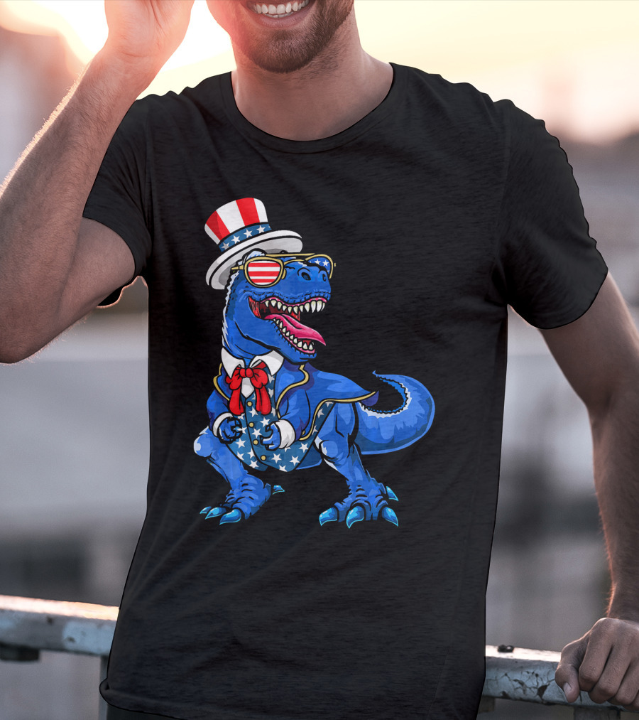 Patriotic Dinosaur With American Flag Hat And Glasses T-Shirt