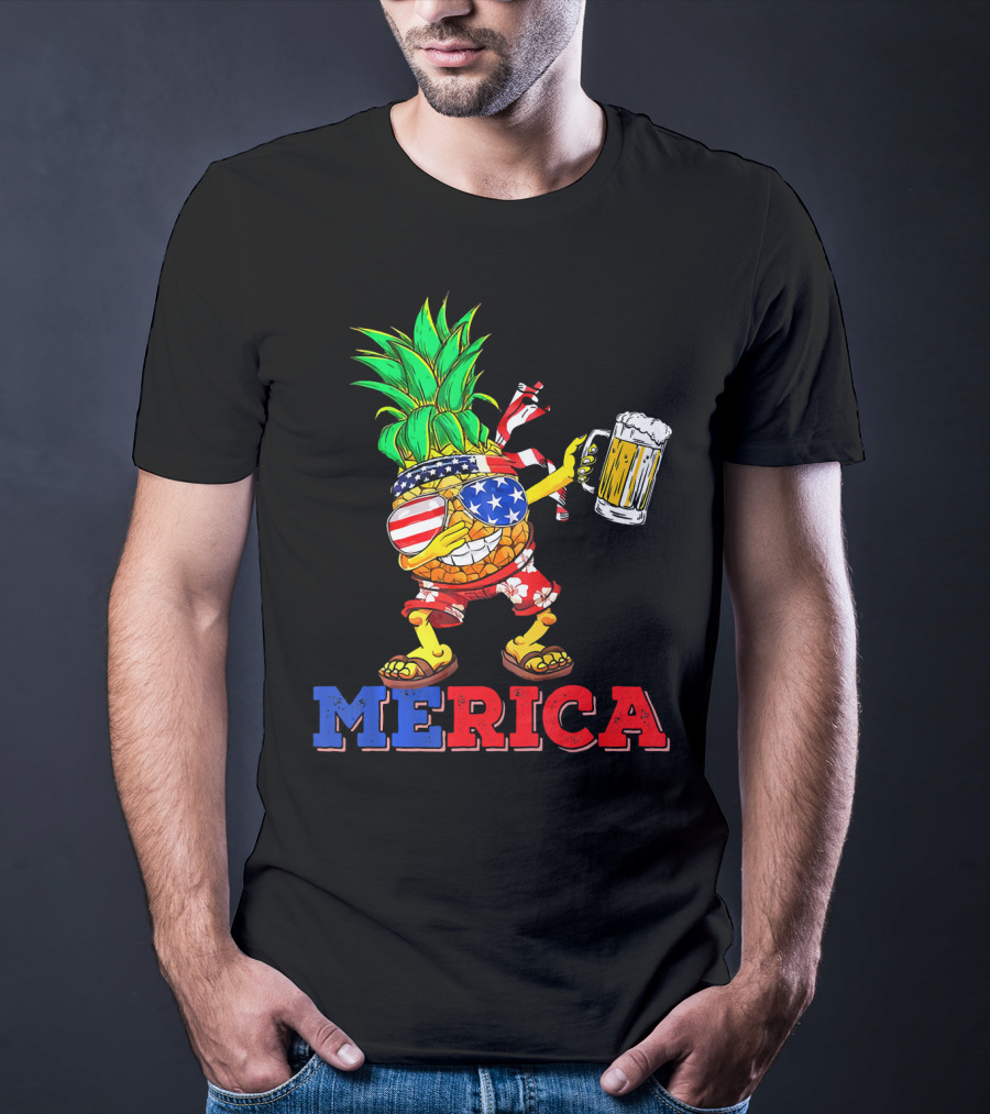 Merica Dabbing Pineapple US Flag Sunglasses Beer Mug Hawaiian Shorts T-Shirt