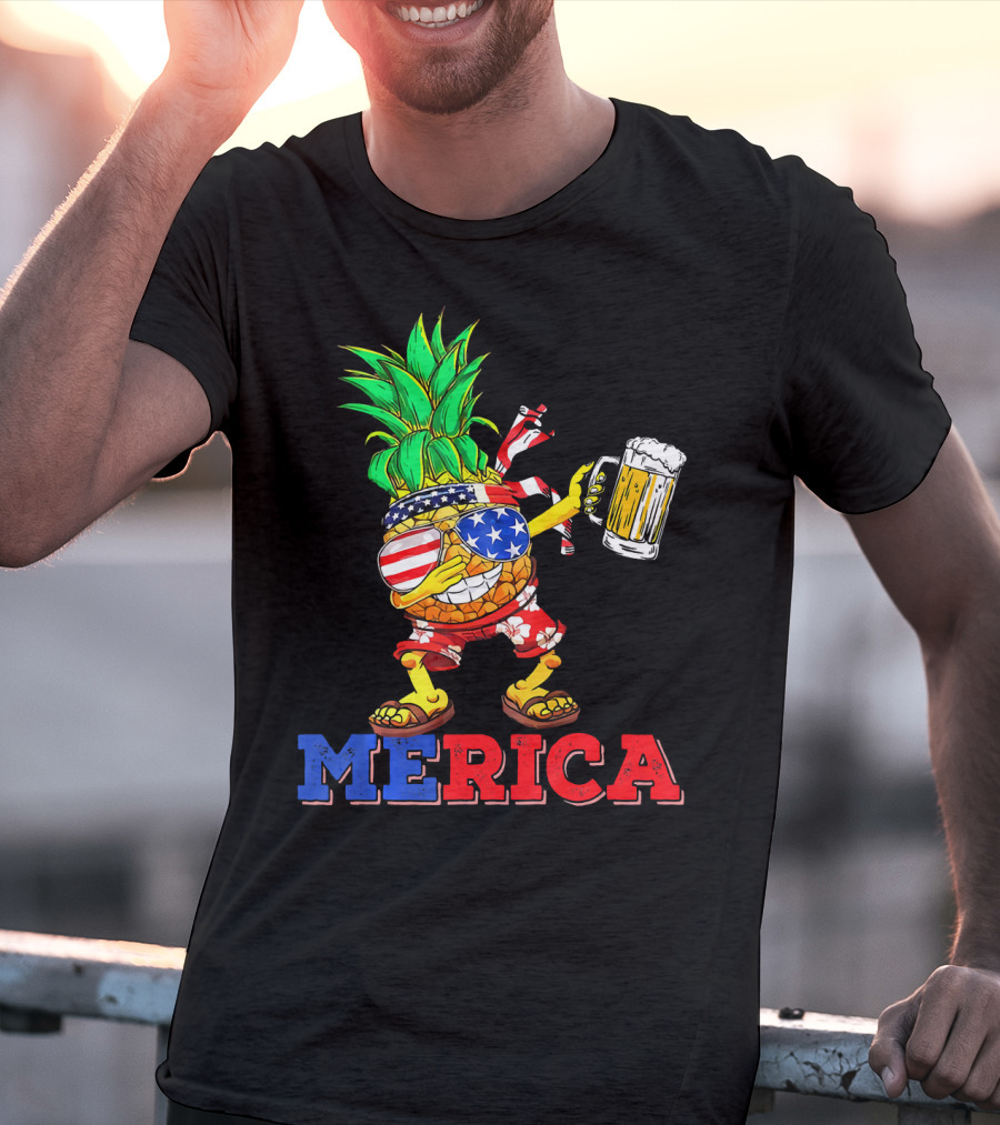 Merica Dabbing Pineapple US Flag Sunglasses Beer Mug Hawaiian Shorts T-Shirt