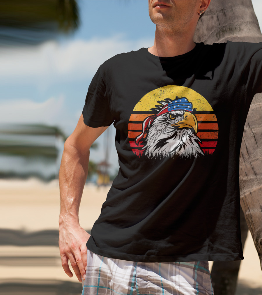 Retro Mullet Eagle With American Flag Bandana And Sunburst Patriotic T-Shirt