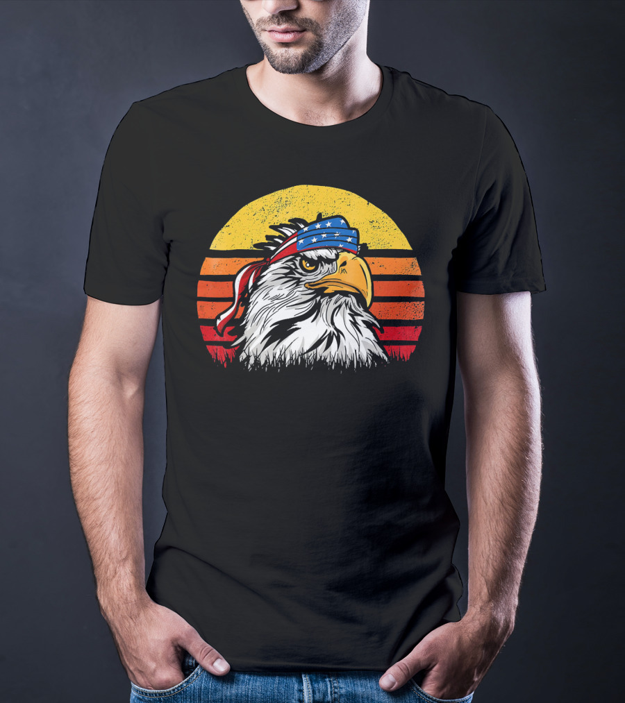 Retro Mullet Eagle With American Flag Bandana And Sunburst Patriotic T-Shirt