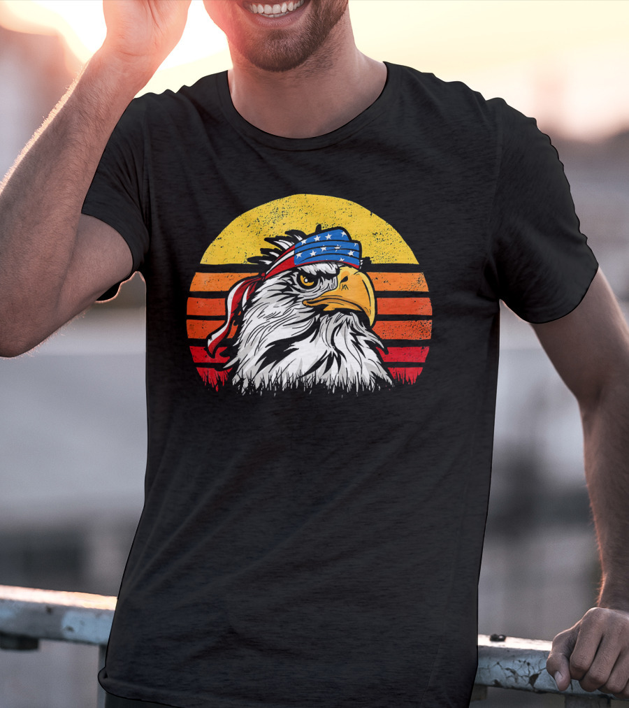 Retro Mullet Eagle With American Flag Bandana And Sunburst Patriotic T-Shirt