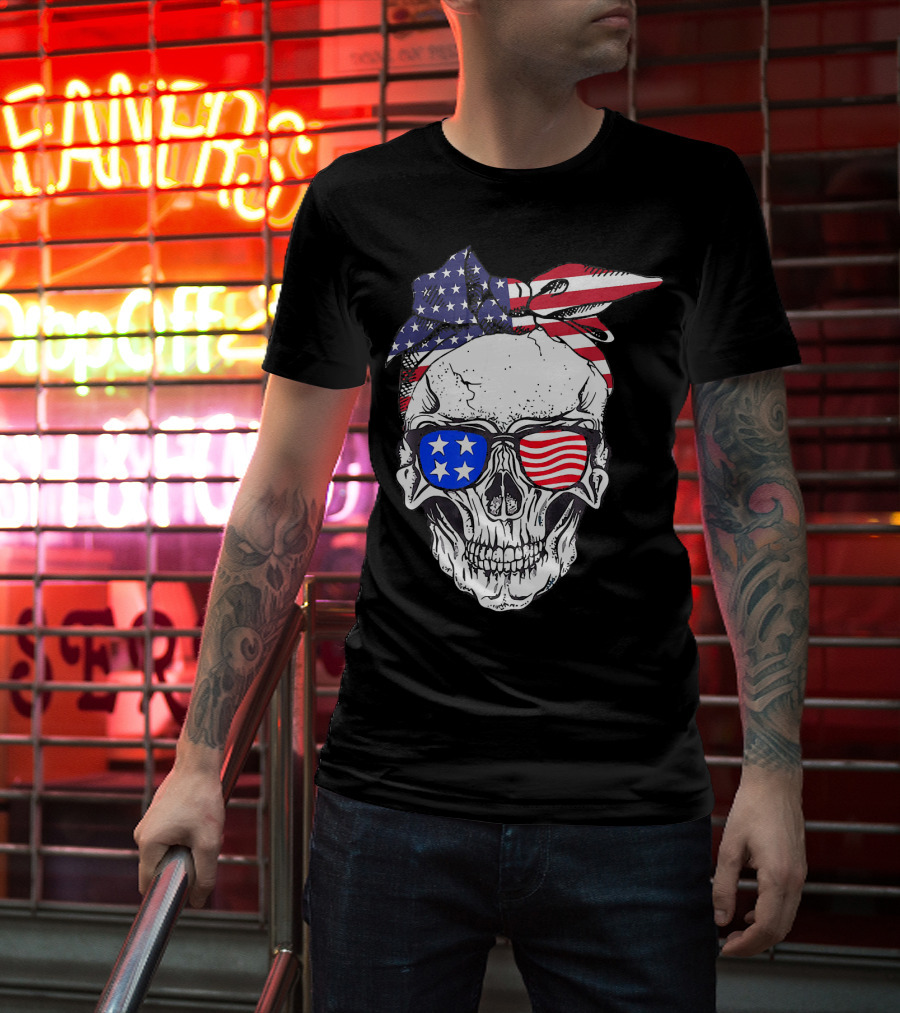 Patriotic Skull American Flag Bandana Sunglasses T-Shirt