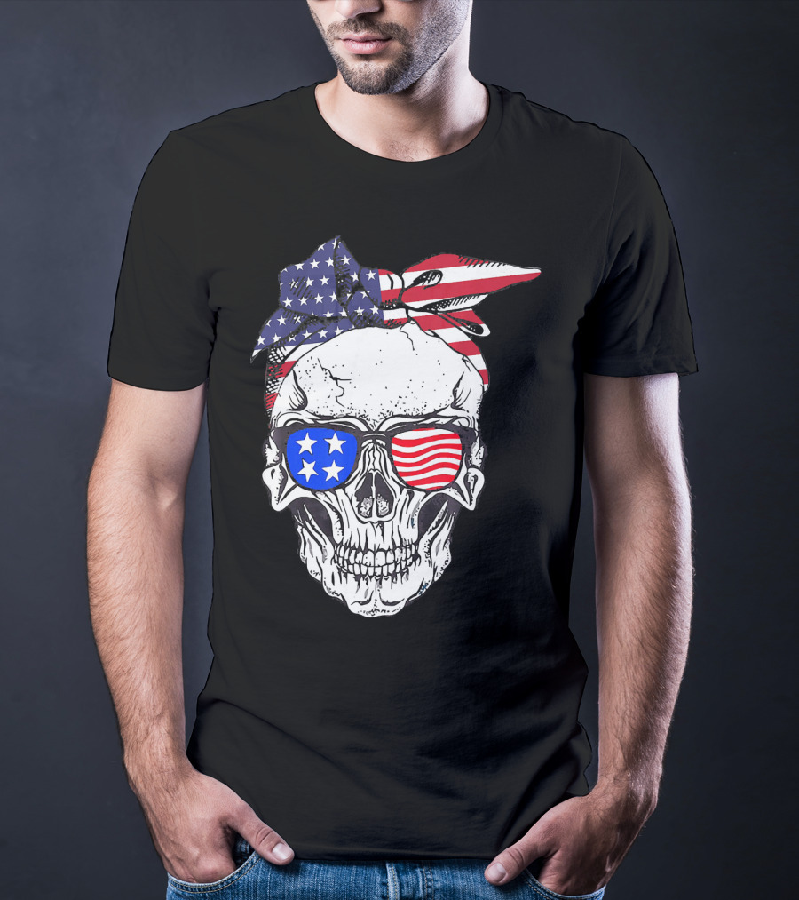 Patriotic Skull American Flag Bandana Sunglasses T-Shirt