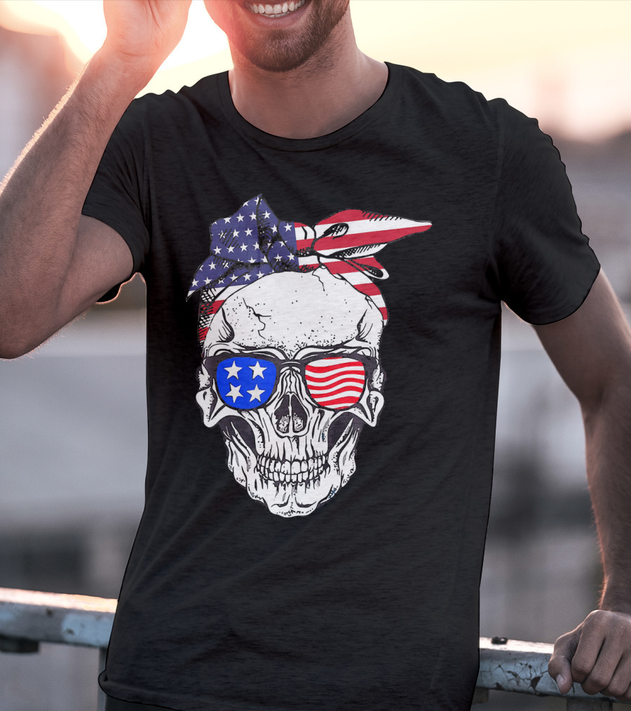 Patriotic Skull American Flag Bandana Sunglasses T-Shirt