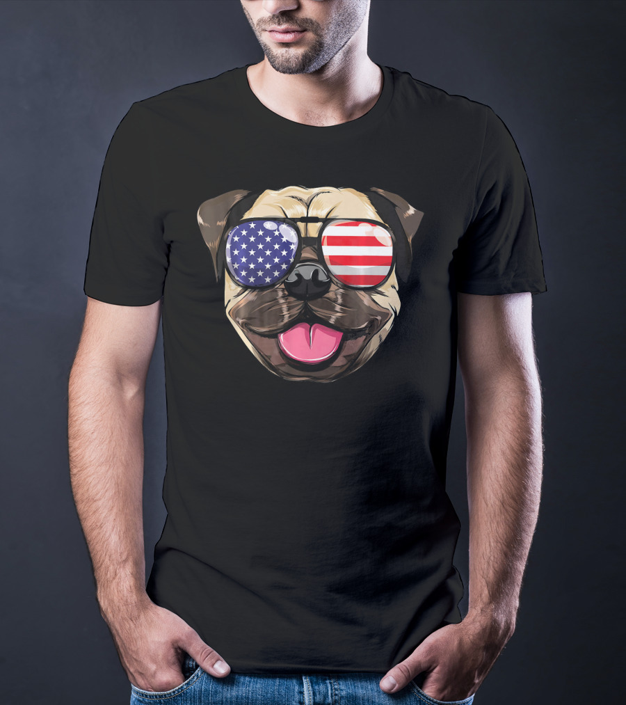Pug Dog With American Flag Sunglasses Patriotic T-Shirt