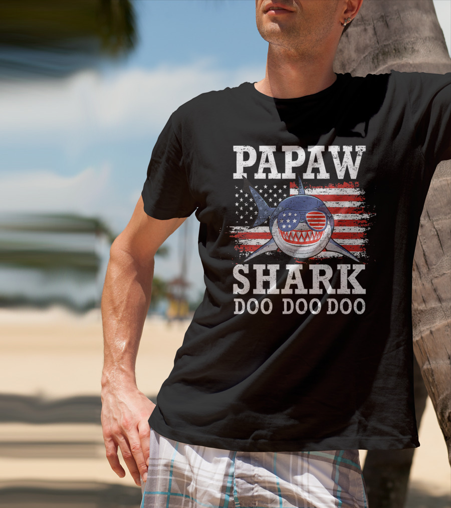 Papaw Shark Doo Doo Doo American Flag Sunglasses T-Shirt