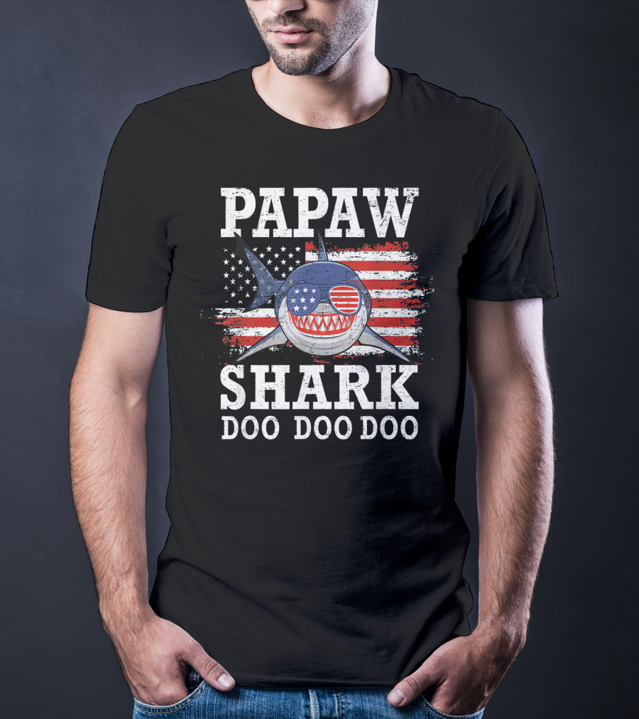 Papaw Shark Doo Doo Doo American Flag Sunglasses T-Shirt