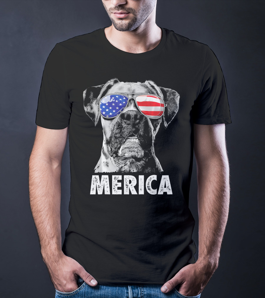 Merica Boxer Dog With American Flag Sunglasses T-Shirt