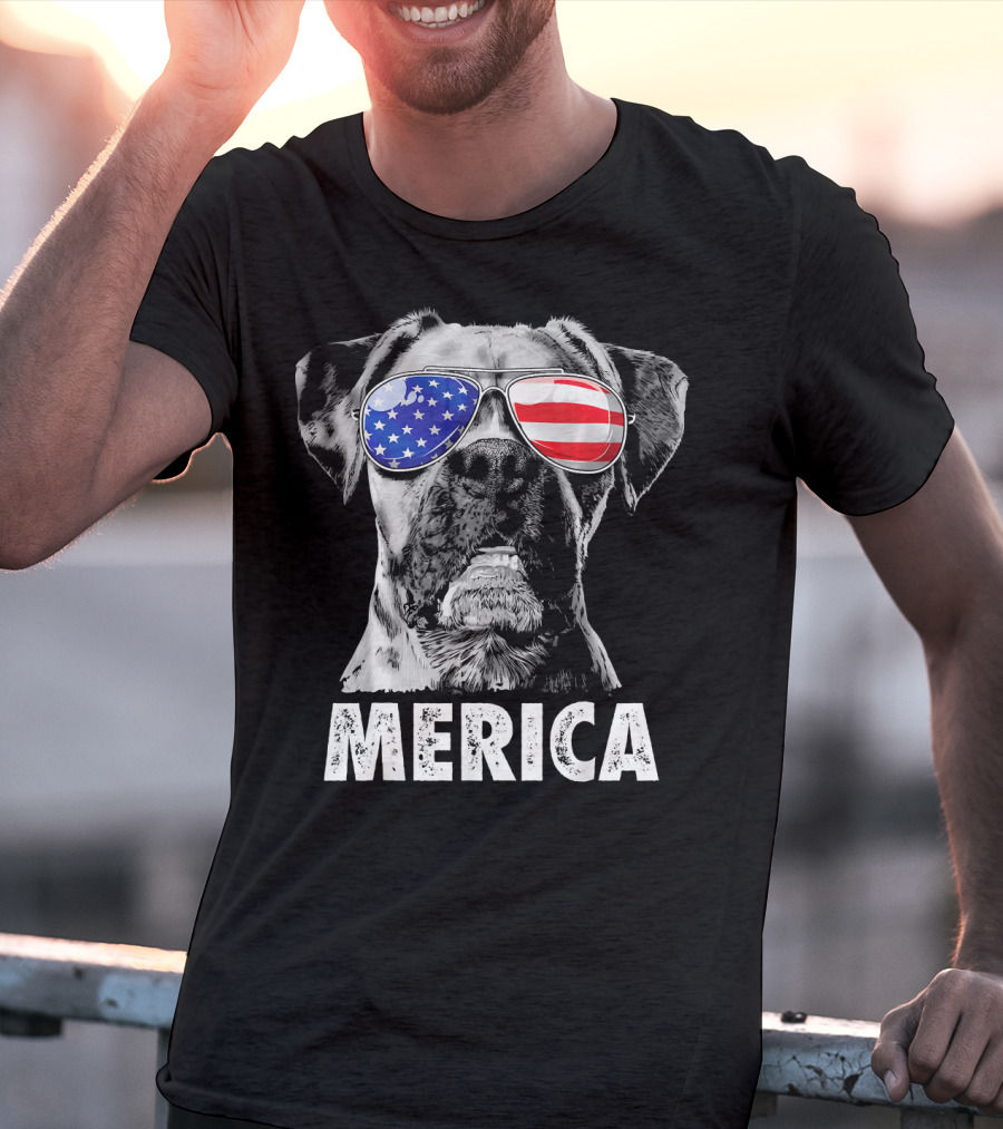 Merica Boxer Dog With American Flag Sunglasses T-Shirt