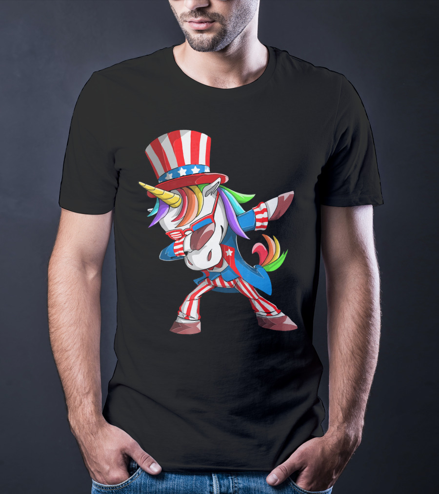 Unicorn Dabbing Uncle Sam Patriotic Rainbow T-Shirt