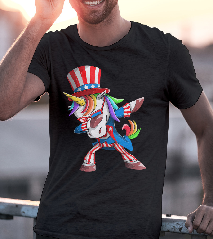 Unicorn Dabbing Uncle Sam Patriotic Rainbow T-Shirt