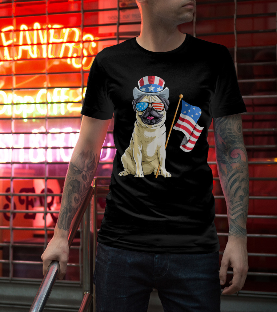 Pug In Patriotic Hat And Sunglasses Holding American Flag T-Shirt