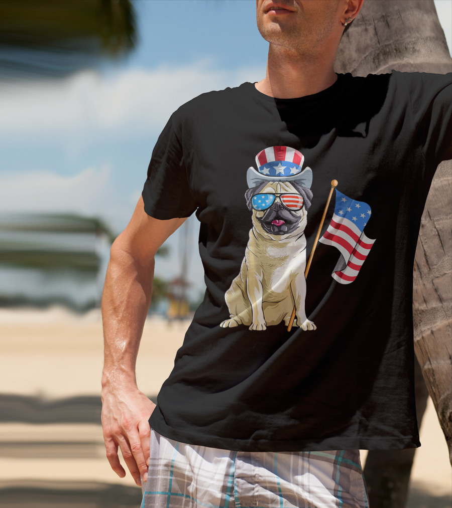 Pug In Patriotic Hat And Sunglasses Holding American Flag T-Shirt
