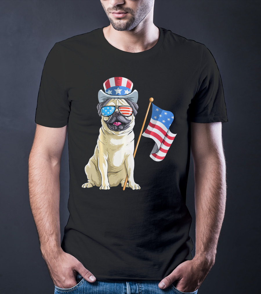 Pug In Patriotic Hat And Sunglasses Holding American Flag T-Shirt
