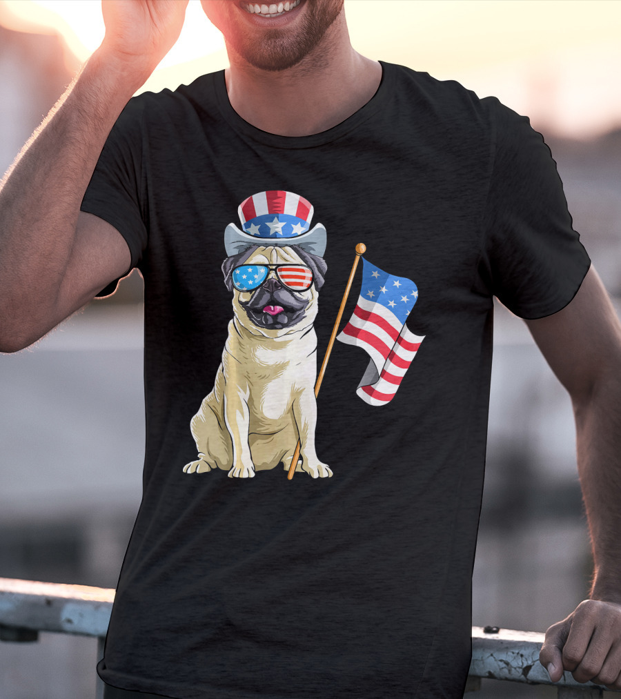 Pug In Patriotic Hat And Sunglasses Holding American Flag T-Shirt