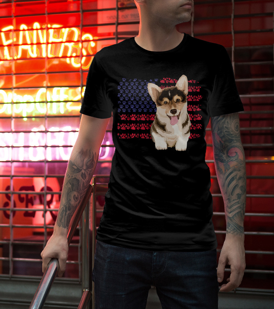 American Flag Corgi Dog With Paw Prints T-Shirt