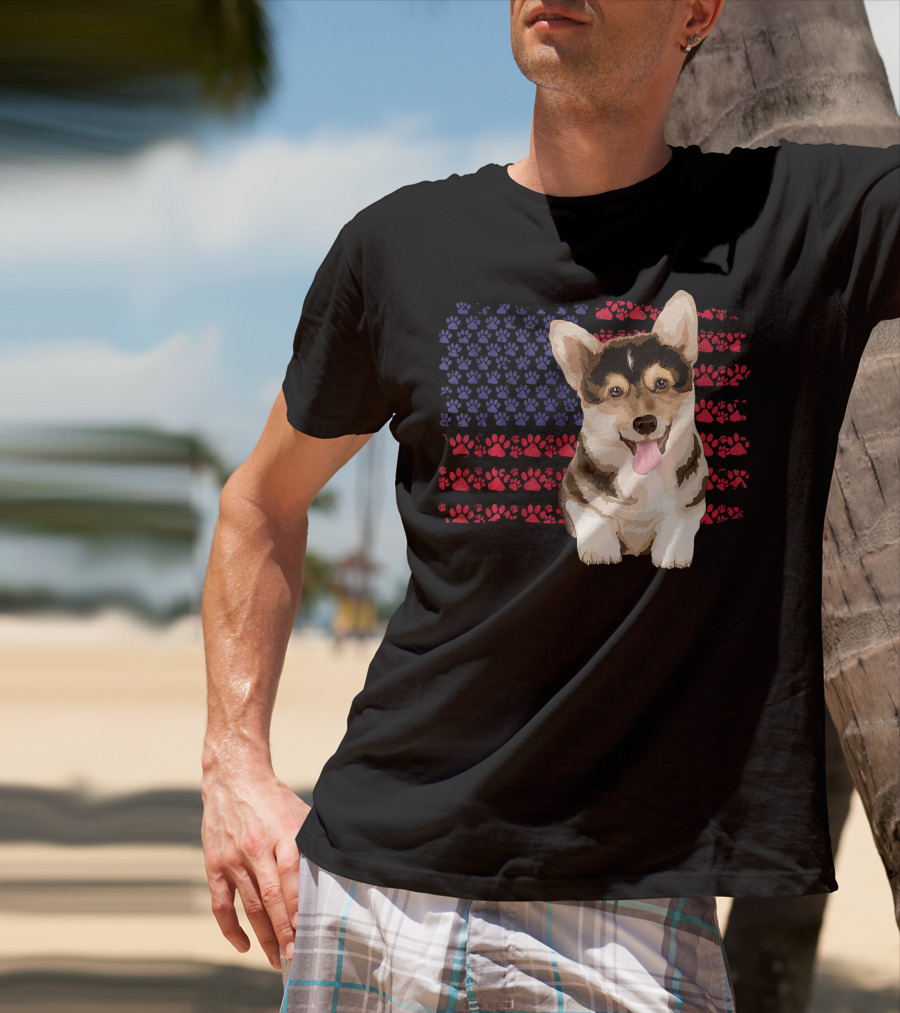American Flag Corgi Dog With Paw Prints T-Shirt