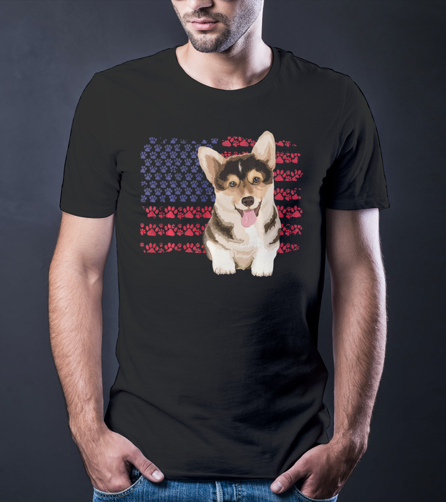 American Flag Corgi Dog With Paw Prints T-Shirt