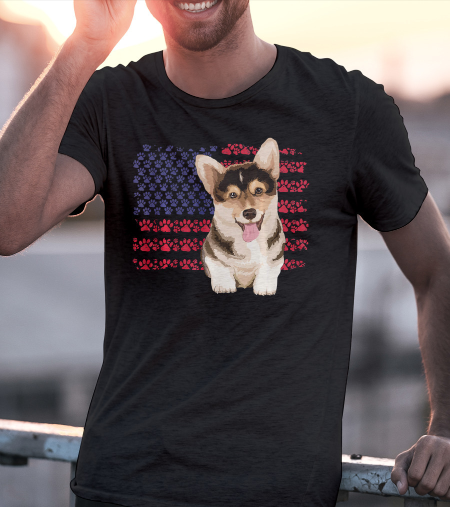 American Flag Corgi Dog With Paw Prints T-Shirt