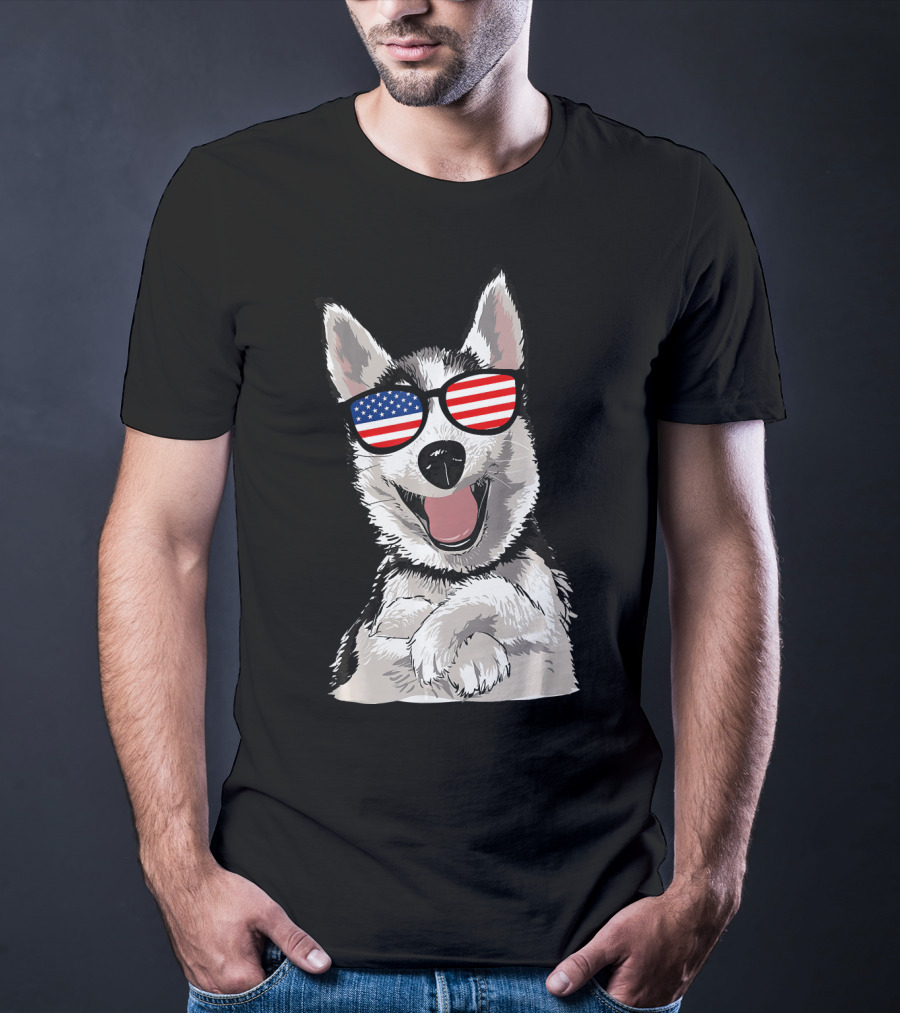Patriotic Dog Husky With American Flag Sunglasses T-Shirt