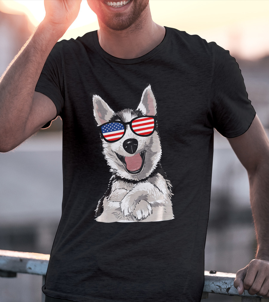 Patriotic Dog Husky With American Flag Sunglasses T-Shirt
