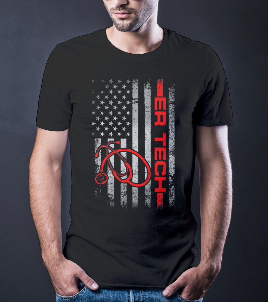 American Flag ER Tech Patriotic Stethoscope Nurse T-Shirt