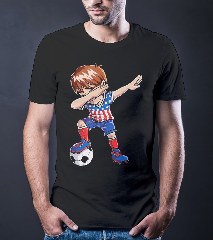 Dabbing Soccer Boy With American Flag Jersey T-Shirt