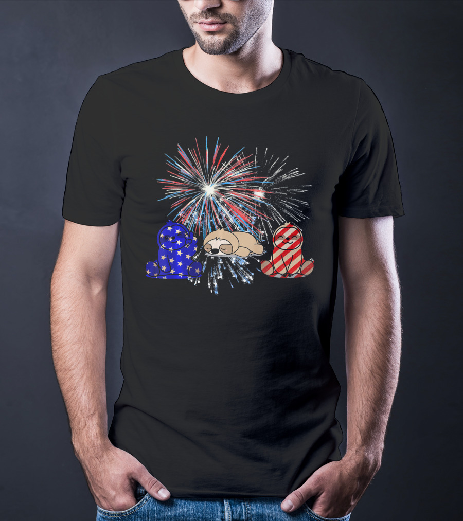 Red White Blue Sloth Fireworks Patriotic T-Shirt